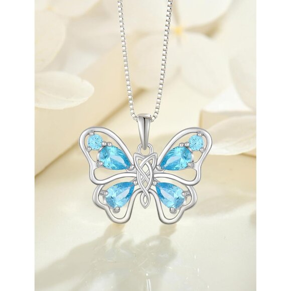 JIWOY Butterfly Necklace Sterling Silver Heart Aquamarine Pendant for Women - Picture 4 of 6